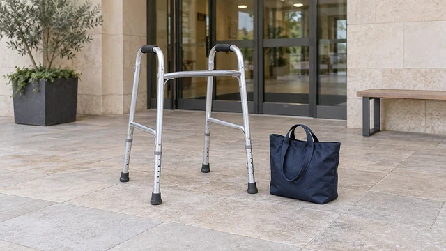 הליכון אלומיניום עם ארבע רגליות גומי ותיק בד כחול כהה על רצפת אבן ליד כניסה מזכוכית לבניין.