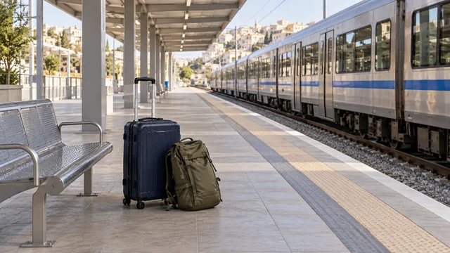 מזוודה כחולה כהה ותרמיל ירוק ליד ספסל ברציף מקורה, ורכבת כסופה עם פס כחול לצד הרציף.