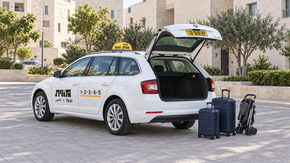 מונית סטיישן לבנה עם תא מטען פתוח, ולצדה שתי מזוודות כחולות כהות ועגלה מקופלת.