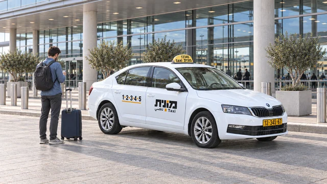 נוסע עם מזוודה ותרמיל בודק טלפון לצד מונית ישראלית לבנה ליד מבנה טרמינל.