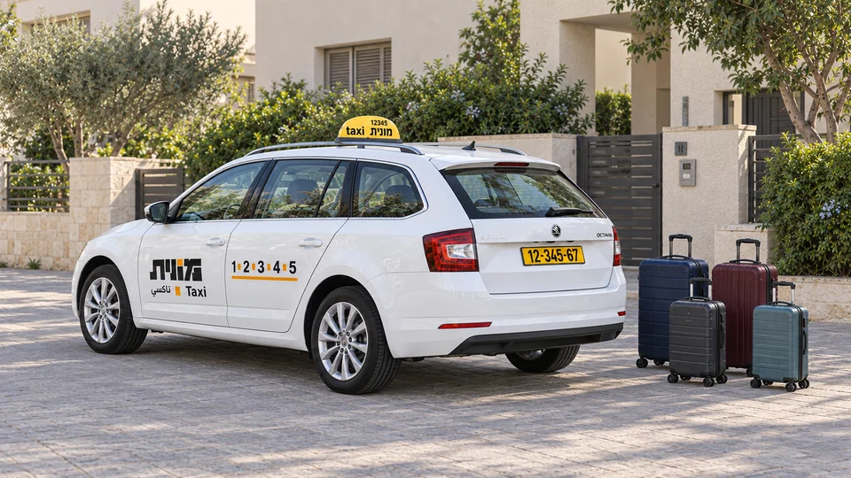 מונית סטיישן ישראלית לבנה עם דלת תא מטען סגורה, ולצדה ארבע מזוודות בשני גדלים ברחבה מרוצפת ליד בית.