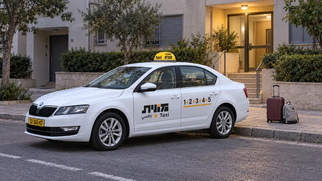 מונית לבנה ליד כניסה מוארת לבניין באור שחר, עם מזוודה בצבע בורדו ותיק גב אפור על המדרכה.