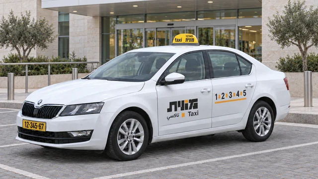 מונית ישראלית לבנה ליד כניסת מבנה עם דלתות זכוכית וגגון.