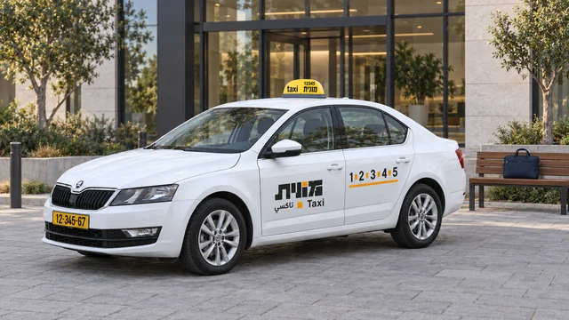 מונית ישראלית לבנה ברחבה מרוצפת ליד בניין משרדים מזכוכית, ותיק מחשב כחול כהה על ספסל סמוך.