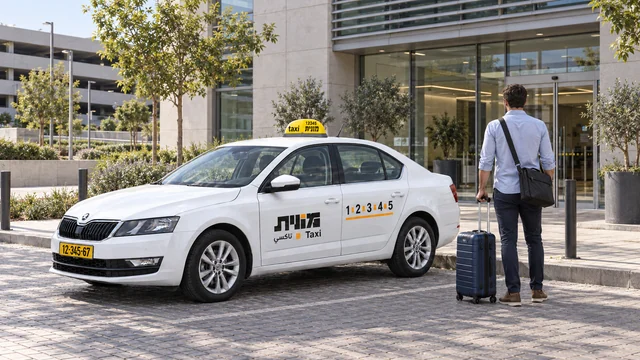 מונית ישראלית לבנה ליד כניסה מזוגגת למשרדים וגבר מאחור עם מזוודה כחולה כהה ותיק כתף שחור.