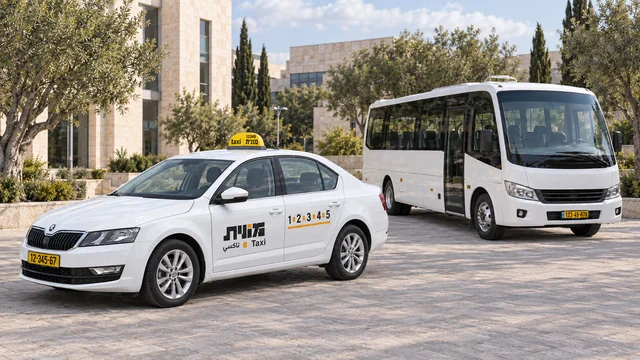 מונית ישראלית לבנה בחזית ומיניבוס לבן מאחוריה ברחבה מרוצפת ליד מבני אבן ועצים.