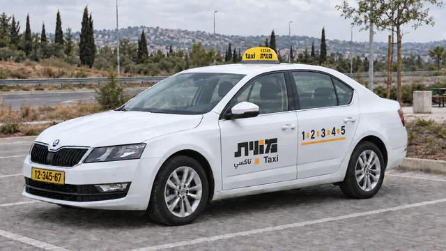 מונית ישראלית לבנה במפרץ מרוצף לצד כביש, על רקע גבעות ועצים.