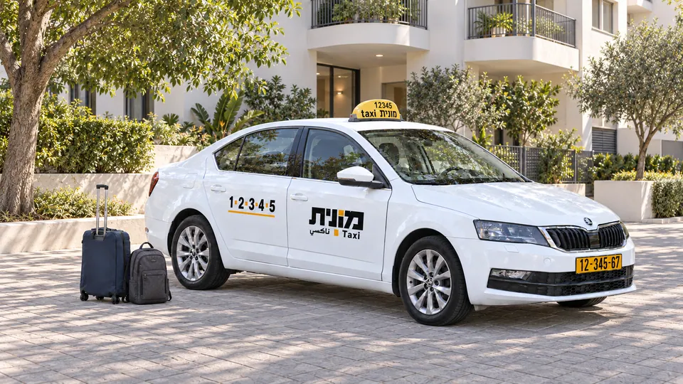 מונית ישראלית לבנה, מזוודה כחולה כהה ותרמיל אפור ברחבה מרוצפת לצד בניין לבן עם מרפסות מעוגלות.