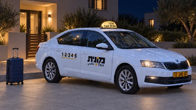מונית ישראלית לבנה ומזוודה כחולה כהה ליד כניסה מוארת לבניין בערב.