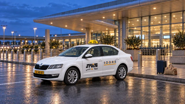 מונית לבנה על כביש רטוב ליד מבנה טרמינל מואר בשעת ערב, ולצדה מזוודה כחולה כהה ותיק בד חום בהיר על המדרכה.