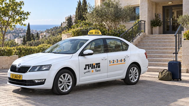 מונית לבנה ליד מדרגות כניסה לבניין, מזוודה כחולה כהה ותיק ירוק זית, עם גבעות וים ברקע.