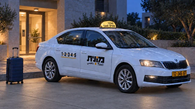 מונית ישראלית לבנה ומזוודה כחולה כהה ליד כניסה מוארת בשעת דמדומים.