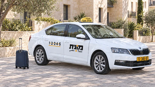 מונית ישראלית לבנה ומזוודה כחולה כהה ברחבה מרוצפת לצד בניינים מחופי אבן.