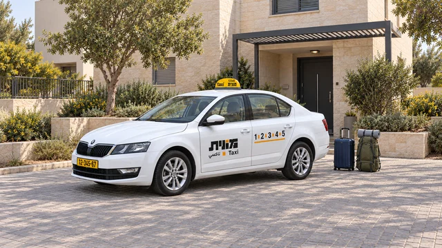 מונית לבנה ליד בניין אבן בהיר, מזוודה כחולה כהה ותרמיל ירוק זית שעליו מזרן אפור מגולגל.