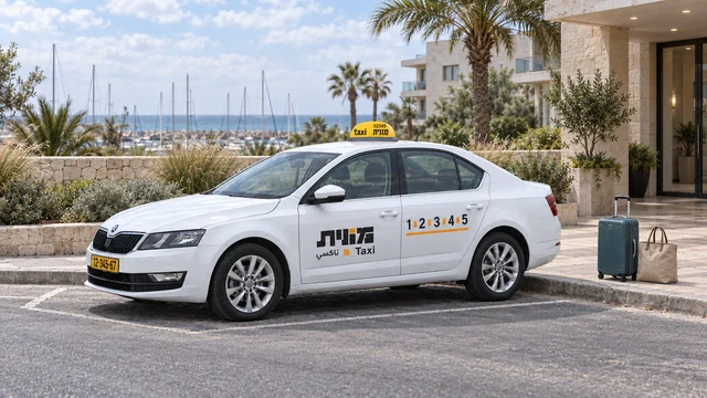 מונית לבנה לצד מזוודה בצבע כחול־ירוק ותיק בד בהיר ליד כניסה לבניין, עם ים ותרני סירות ברקע.