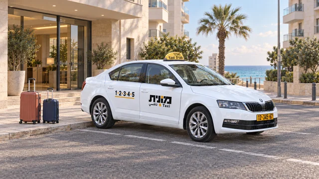 מונית ישראלית לבנה ליד כניסה למבנה סמוך לחוף, שתי מזוודות בצבעי טרקוטה וכחול כהה על המדרכה וים ברקע.