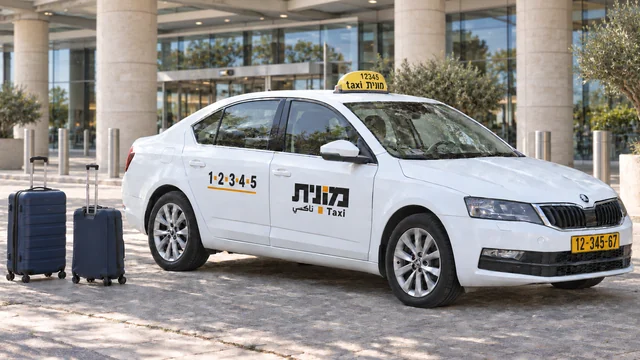 מונית ישראלית לבנה ושתי מזוודות כחולות כהות לצד טרמינל.