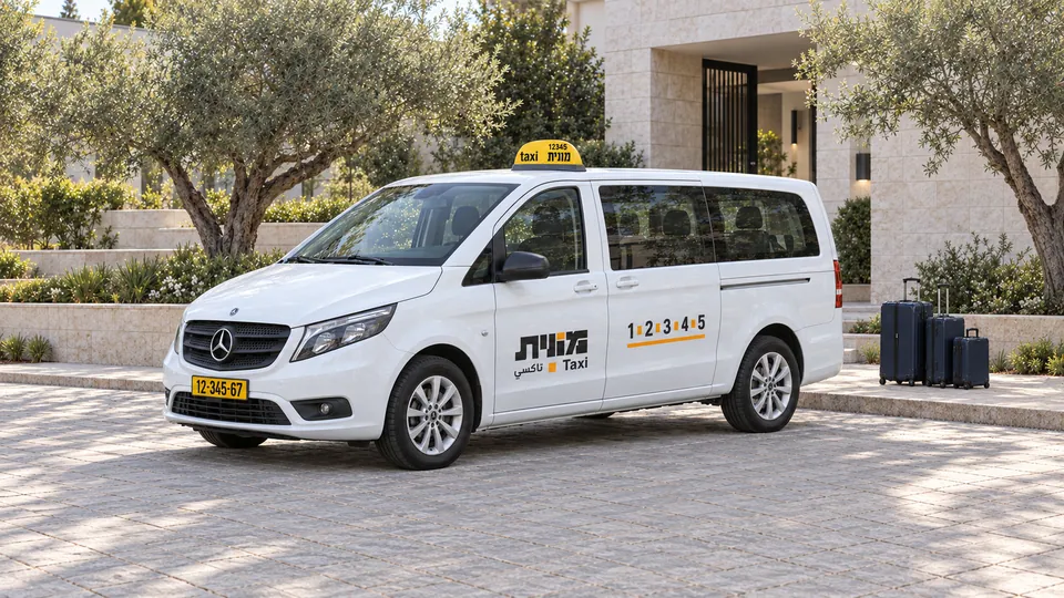 מונית לבנה מסוג ואן ושלוש מזוודות כחולות כהות ליד כניסה לבניין.