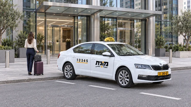 מונית ישראלית לבנה ליד גגון זכוכית של בניין משרדים, ואישה מאחור עם מזוודה בצבע שזיף ותיק שחור מעליה.