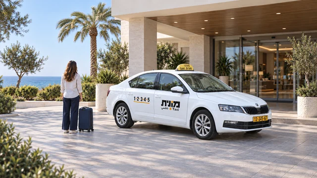 מונית לבנה ליד כניסה מקורה למלון; אישה נראית מאחור לצד מזוודה כחולה כהה, עם ים ברקע.